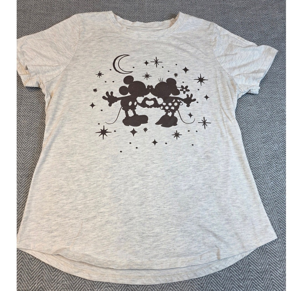 Disney Mickey and Minnie Mouse Kissing Moon Stars Gray Heathered T-Shirt Medium